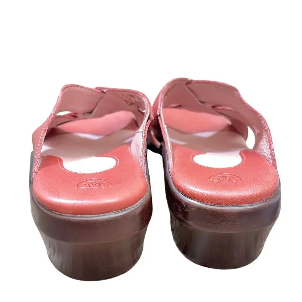 Ariat Leather Slip On Wedge Heel Crossed Decorative Straps Pink Sandals Size 7